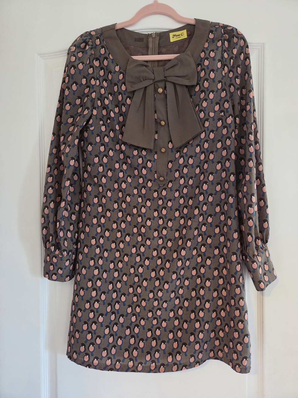 Cute Bow-Front Tunic Blouse in Olive Grey with Pink Print